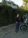 Harmony stands by the famous Biker Bar, Cooks Corner