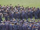 Its easy to spot harmony among the blue mass with her bright red hair