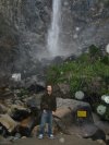 Dave braves the elements at the bas of Bridal Veil Falls